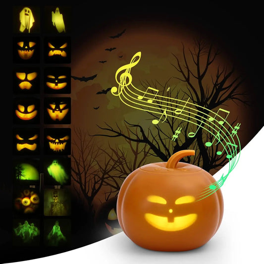 Halloween-themed pumpkin light with musical notes and ghost faces on a dark background